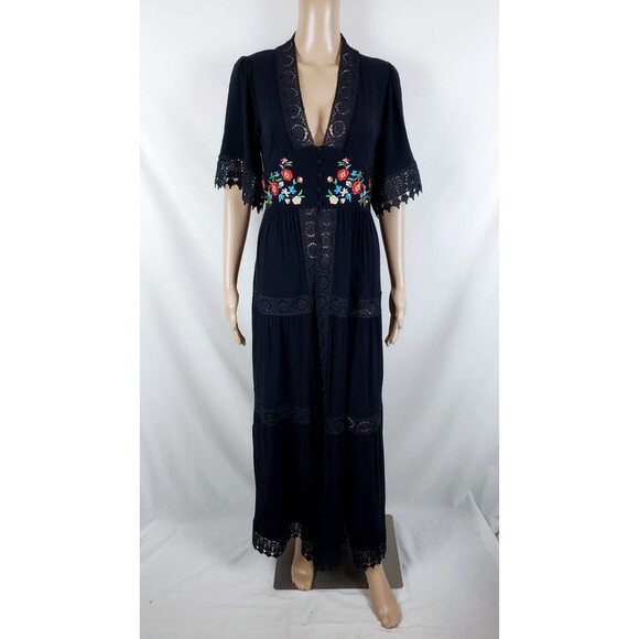 Boho Floral Embroidery Duster Kimono Womens M Black Buttoned Waist Peasant Lace - Picture 1 of 10